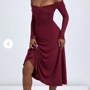 OhPolly Modal Off-Shoulder Ruched Midaxi Dress in Wine Red